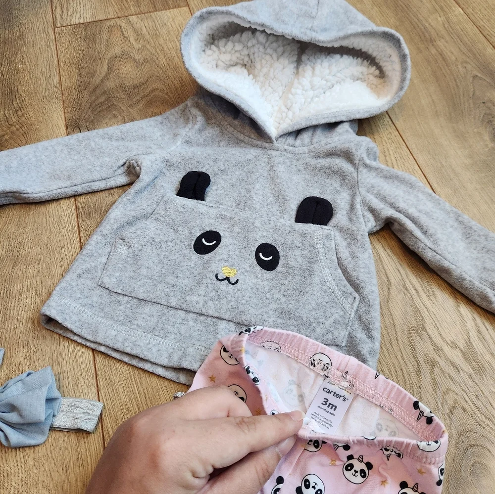 Gray Panda Hoodie and Pink Panda Pants Set
